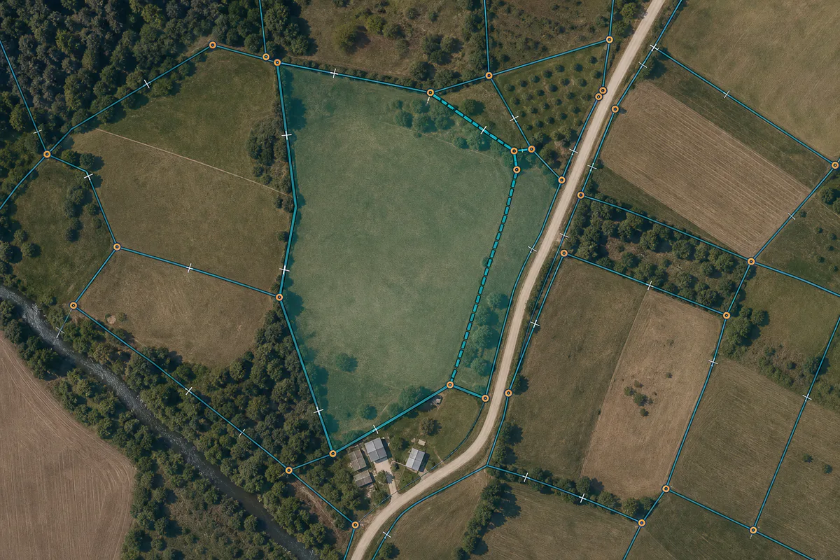 Ortofoto rural com limites, vértices e ajuste de divisa cadastral